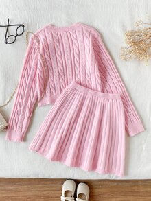 Tween Girl Winter Knit 2pcs Set, Cute 3D Bow Sweater & Pleated Skirt Outfit, Elegant Style - Baby Pink - View 2
