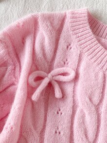 Tween Girl Winter Knit 2pcs Set, Cute 3D Bow Sweater & Pleated Skirt Outfit, Elegant Style - Baby Pink - View 4