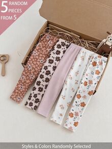 SHEIN 5pcs Randomly Sent 2pcs Spring Summer All Season Girls Floral Sweet Cute Versatile Soft Comfortable Ribbed Ribbed Knit Leggings Multi-Piece Set - Multicolor - View 1