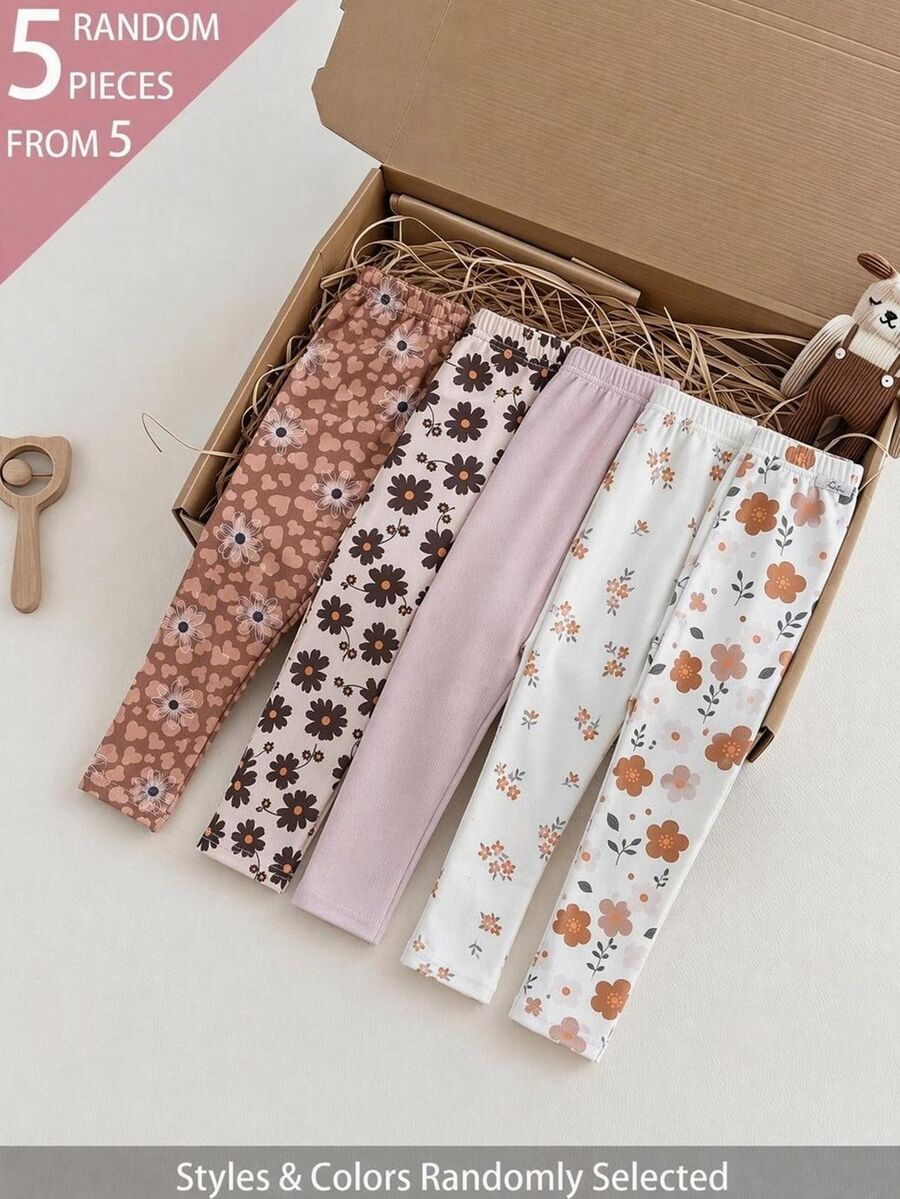 SHEIN 5pcs Randomly Sent 2pcs Spring Summer All Season Girls Floral Sweet Cute Versatile Soft Comfortable Ribbed Ribbed Knit Leggings Multi-Piece Set - Multicolor - View 1