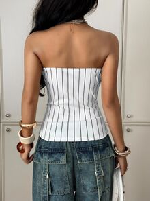 StreetHx Women's Street Style Vertical Striped Letter Print Bandeau Top - White - View 2