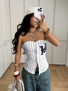 StreetHx Women's Street Style Vertical Striped Letter Print Bandeau Top - White - View 5