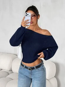 SHEIN PETITE 女款小碼海軍藍棉混紡不對稱肩針織毛衣（秋冬款） - 藏蓝色 - 查看 7
