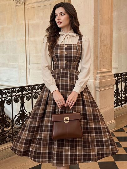 Vintamour Vintage Preppy Elegant Women's Dress Pockets Plaid Button Strap Tank Casual Holiday Vacation Work Tea Party Brown Plaid Autumn Fall Winter Christmas