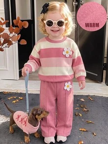 SHEIN Baby Girl Pink Striped Crew Neck Drop Shoulder Pullover Sweatshirt With 3D Decor And Fleece Lined Straight Leg Autumn Pants, Suitable For Winter - Pink - View 5