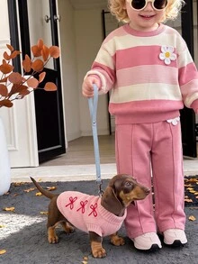 SHEIN Baby Girl Pink Striped Crew Neck Drop Shoulder Pullover Sweatshirt With 3D Decor And Fleece Lined Straight Leg Autumn Pants, Suitable For Winter - Pink - View 7