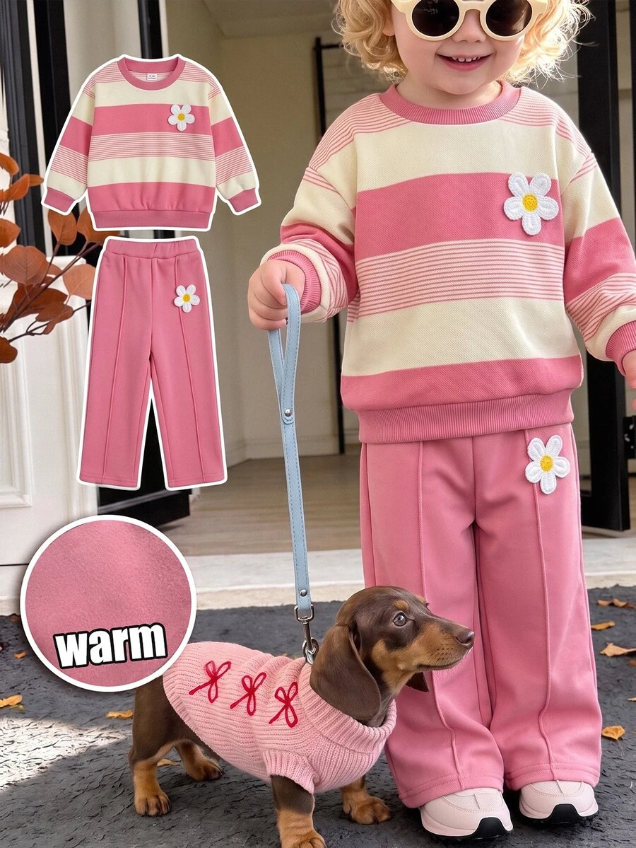 SHEIN Baby Girl Pink Striped Crew Neck Drop Shoulder Pullover Sweatshirt With 3D Decor And Fleece Lined Straight Leg Autumn Pants, Suitable For Winter - Pink - View 1