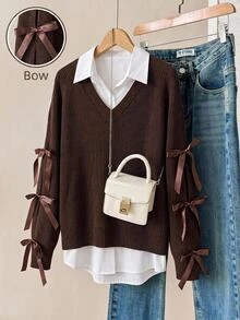 SHEIN Clasi Plus Size Bowknot Lace-Up Pullover Sweater Date Night Evening Brown Autumn Cute Casual - Brown - View 8