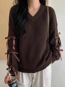SHEIN Clasi Plus Size Bowknot Lace-Up Pullover Sweater Date Night Evening Brown Autumn Cute Casual - Brown - View 1