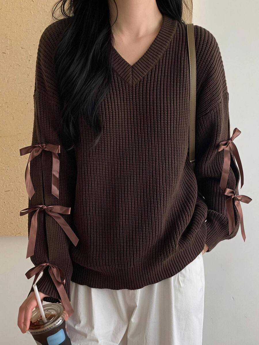 SHEIN Clasi Plus Size Bowknot Lace-Up Pullover Sweater Date Night Evening Brown Autumn Cute Casual - Brown - View 1