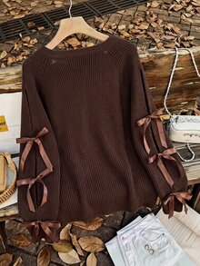 SHEIN Clasi Plus Size Bowknot Lace-Up Pullover Sweater Date Night Evening Brown Autumn Cute Casual - Brown - View 2