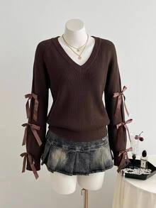 SHEIN Clasi Plus Size Bowknot Lace-Up Pullover Sweater Date Night Evening Brown Autumn Cute Casual - Brown - View 10