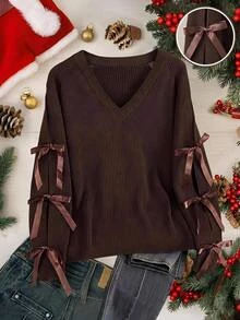 SHEIN Clasi Plus Size Bowknot Lace-Up Pullover Sweater Date Night Evening Brown Autumn Cute Casual - Brown - View 9