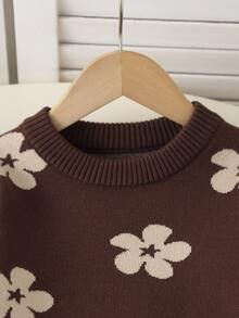 SHEIN 女孩棕色花卉針織套裝，圓領毛衣與寬腿長褲2件套，歐美風格，媽媽們喜愛，適合外出與聚會 - 棕色 - 查看 3