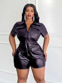 Veslaya Plus Size Women's Jumpsuit With Short Sleeves And Open Front - Purple - View 4