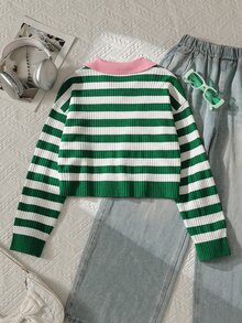清新白色與綠色條紋可愛粉色 Polo 領青少年女孩毛衣 - 綠色 - 查看 2