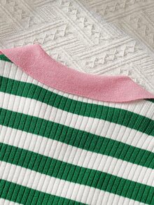 清新白色與綠色條紋可愛粉色 Polo 領青少年女孩毛衣 - 綠色 - 查看 7
