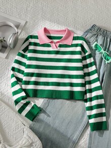 清新白色與綠色條紋可愛粉色 Polo 領青少年女孩毛衣 - 綠色 - 查看 3