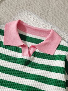 清新白色與綠色條紋可愛粉色 Polo 領青少年女孩毛衣 - 綠色 - 查看 5