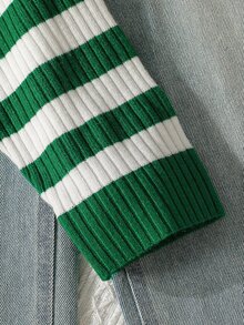 清新白色與綠色條紋可愛粉色 Polo 領青少年女孩毛衣 - 綠色 - 查看 6