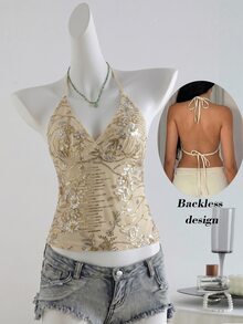 SHEIN Unity 女款杏色亮片刺繡細肩帶露背背心上衣，時尚性感度假上衣，亮片刺繡上衣 - 杏色 - 查看 7