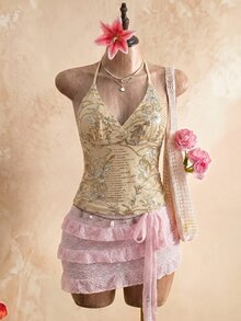 SHEIN Unity 女款杏色亮片刺繡細肩帶露背背心上衣，時尚性感度假上衣，亮片刺繡上衣 - 杏色 - 查看 5