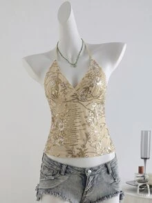 SHEIN Unity 女款杏色亮片刺繡細肩帶露背背心上衣，時尚性感度假上衣，亮片刺繡上衣 - 杏色 - 查看 4