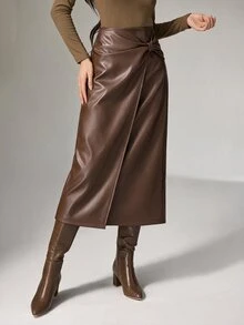 Heiryn Rok Wanita Warna Polos Desain Berpilin Bahan Kulit PU Elegan dan Modis - Coklat - View 6