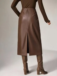 Heiryn Rok Wanita Warna Polos Desain Berpilin Bahan Kulit PU Elegan dan Modis - Coklat - View 2