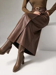 Heiryn Rok Wanita Warna Polos Desain Berpilin Bahan Kulit PU Elegan dan Modis - Coklat - View 1