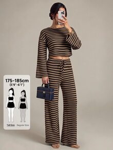 SHEIN Tall Women's Striped Long Sleeve Top And Pants Casual Daily 2 Pieces Set - Brown - View 1