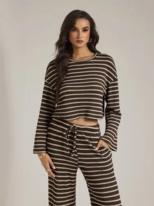 SHEIN Tall Women's Striped Long Sleeve Top And Pants Casual Daily 2 Pieces Set - Brown - View 4