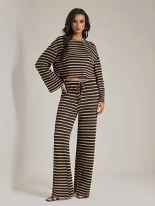 SHEIN Tall Women's Striped Long Sleeve Top And Pants Casual Daily 2 Pieces Set - Brown - View 3