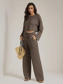 SHEIN Tall Women's Striped Long Sleeve Top And Pants Casual Daily 2 Pieces Set - Brown - View 6