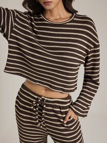 SHEIN Tall Women's Striped Long Sleeve Top And Pants Casual Daily 2 Pieces Set - Brown - View 7