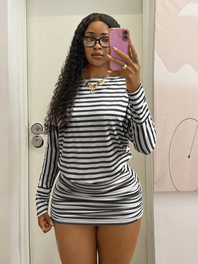 StreetHx Vestido corto casual de estilo callejero para mujer con rayas gris y verde, cuello asimétrico, vuelta al colegio, vestido a rayas, vestidos casuales para mujer, ropa de otoño,