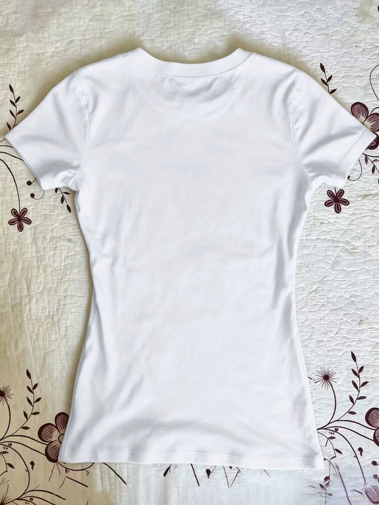 IslaSuriya Women's T-Shirt, Round Neck, Slim Fit, Casual Y2k Cute Minimalist Style, Short Sleeve Top, Summer Latest Fashion, Monkey Pattern, School White - White - View 2