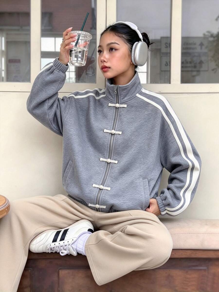 SHEIN Tween Girl Fall Frog Button Design Side Stripe Casual Jacket, Holiday, Comfortable - Grey - View 1