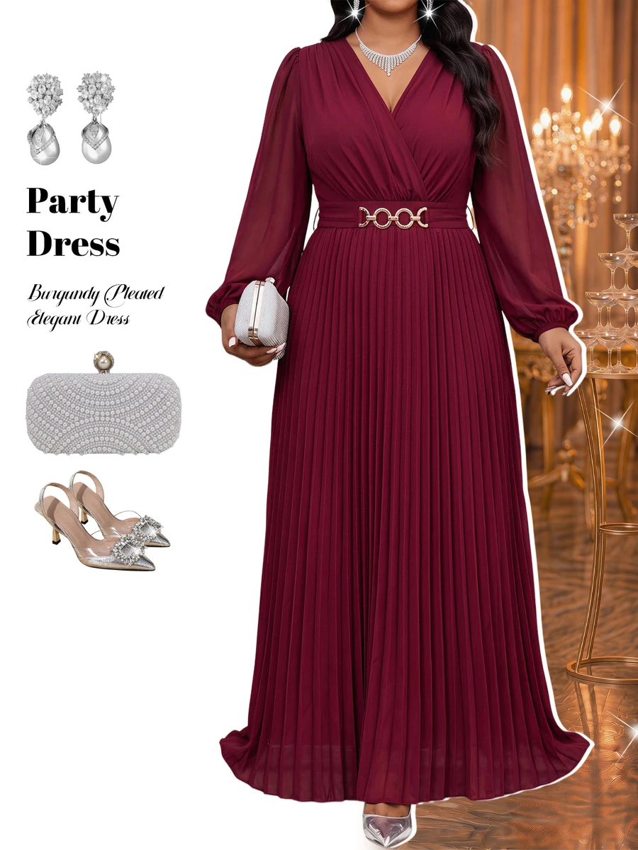 Fleurora Plus Size Elegant Formal Pleated Metal Decor Long Sleeve Dress Autumn Burgundy Wedding Party Dinner Cocktail Festival Outfits For Women - Burgundy - View 1