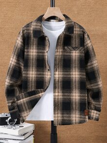SHEIN Little Byeori 兒童青少年男孩休閒日常舒適棕色與黑色格紋翻領寬鬆長袖梭織鈕扣襯衫，適合通勤、上學、日常休閒、度假、旅行、運動，秋冬季 - 棕色 - 查看 4