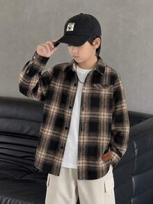 SHEIN Little Byeori 兒童青少年男孩休閒日常舒適棕色與黑色格紋翻領寬鬆長袖梭織鈕扣襯衫，適合通勤、上學、日常休閒、度假、旅行、運動，秋冬季 - 棕色 - 查看 6