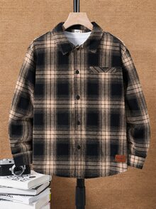 SHEIN Little Byeori 兒童青少年男孩休閒日常舒適棕色與黑色格紋翻領寬鬆長袖梭織鈕扣襯衫，適合通勤、上學、日常休閒、度假、旅行、運動，秋冬季 - 棕色 - 查看 3