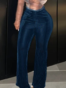 Veslaya Pantalones acampanados elegantes de unicolor y silueta delgada para tallas grandes, otoño - Azul - Ver 5