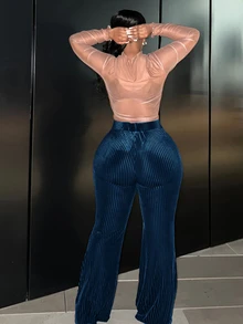 Veslaya Pantalones acampanados elegantes de unicolor y silueta delgada para tallas grandes, otoño - Azul - Ver 2