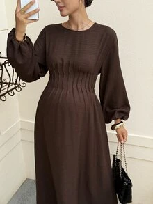 MaterniWear Maternity Simple Fashion Textured Pleated Waist-Cinched Dress Fall - Brown - View 7