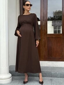 MaterniWear Maternity Simple Fashion Textured Pleated Waist-Cinched Dress Fall - Brown - View 10