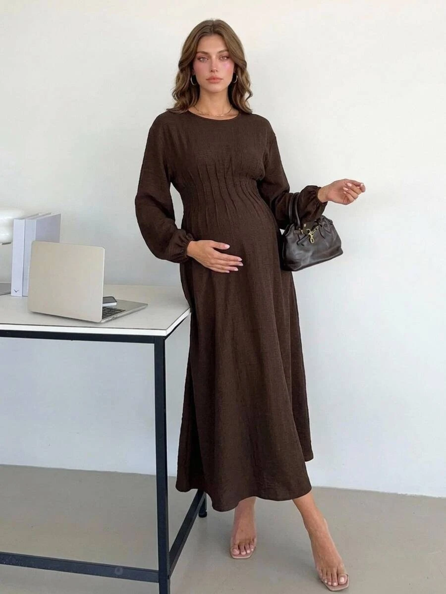 MaterniWear Maternity Simple Fashion Textured Pleated Waist-Cinched Dress Fall