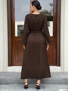 MaterniWear Maternity Simple Fashion Textured Pleated Waist-Cinched Dress Fall - Brown - View 9