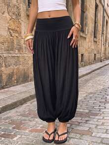 TRNVIE Women's Versatile Pleated Cuffed Loose Long Pants For Daily Wear Holiday Vacation Black Autumn Casual - Black - View 3