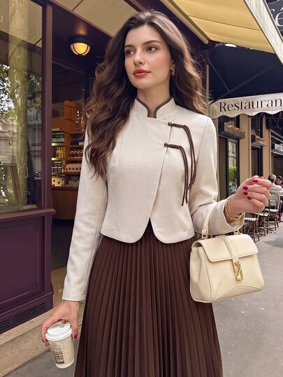 Vintamour Vintage Elegant Women's 2 Pieces Set, New Chinese Style Cheongsam Collar With Frog Buttons, Contrast Trim Top And Pleated Long Skirt, Casual Commute Holiday Festival Outfit For Autumn/Winter